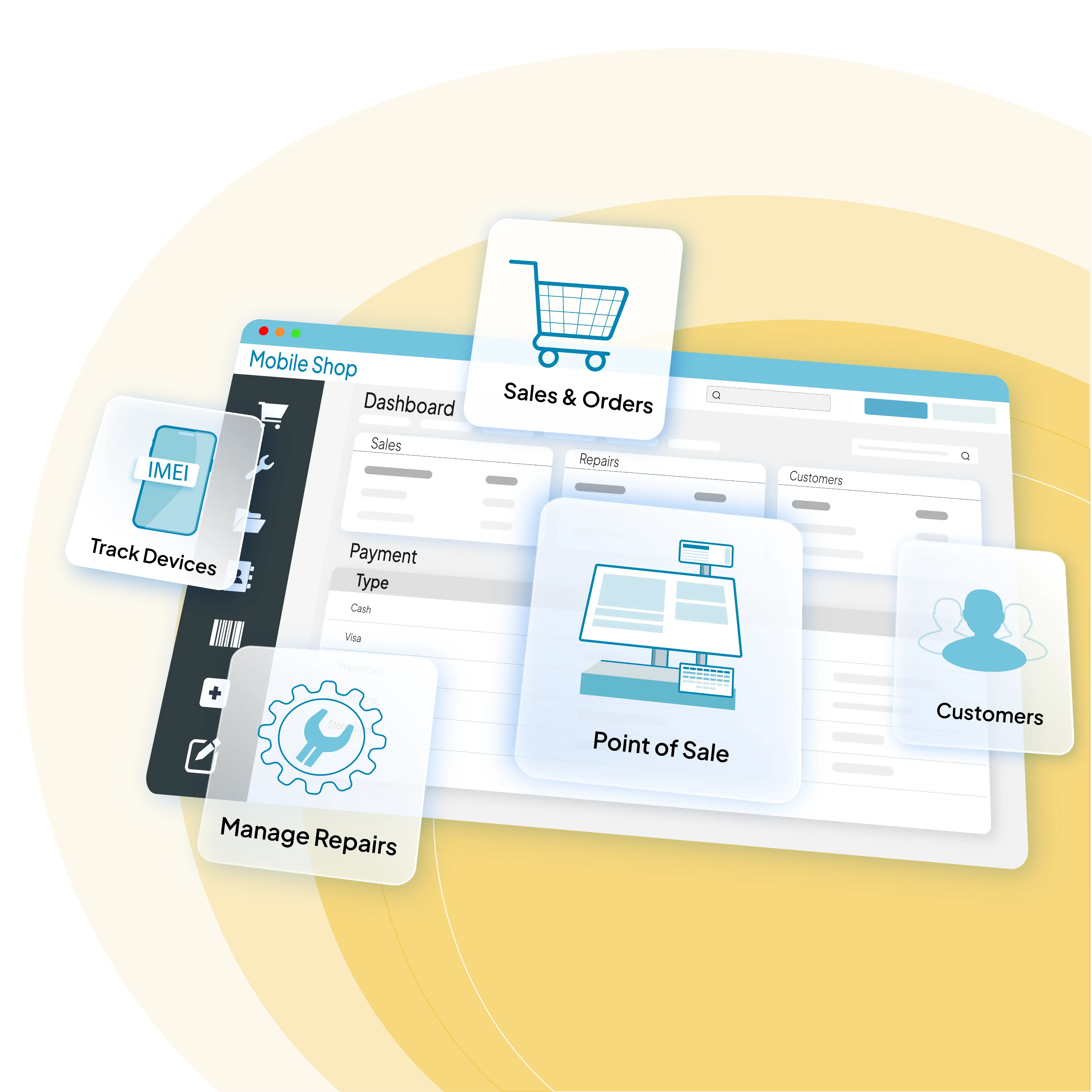 CellStore POS software interface on tablet and smartphone showing inventory management and sales features